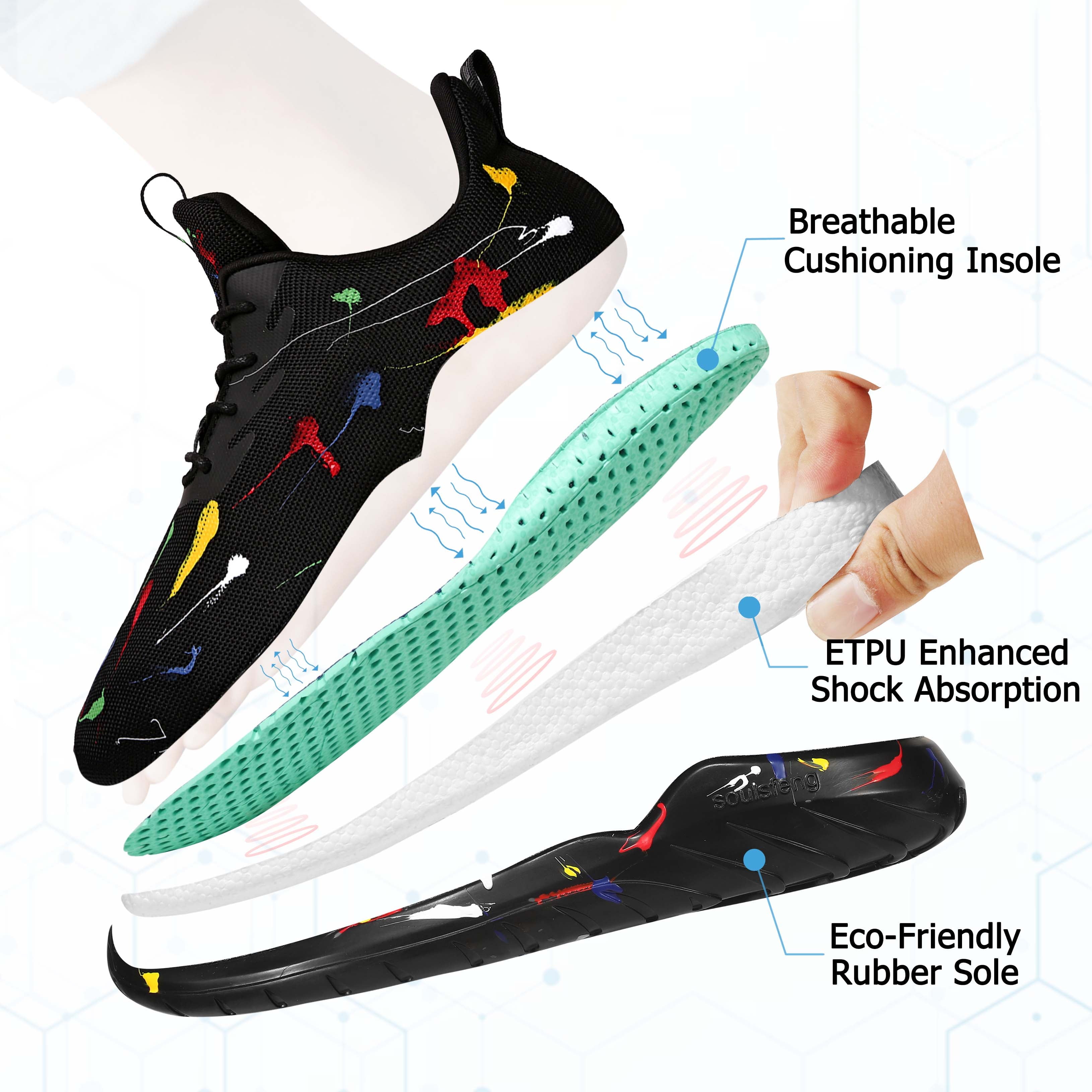 Soulsfeng Men's Anti-slip Running Shoes Mesh Lightweight Breathable Training Black Sneakers Size 5